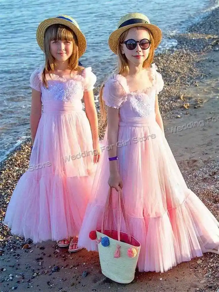 A-Line Pink Flower Girl Dress For Wedding Off Shoulder Princess Girls Birthday Clothes Customize Ruffles Prom Girl Dresses