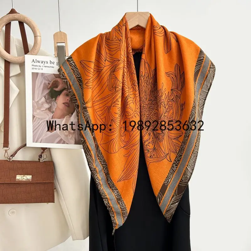 Floral print fresh & elegant 90cm square scarf herringbone shawl soft, skin-friendly, and warm wrap