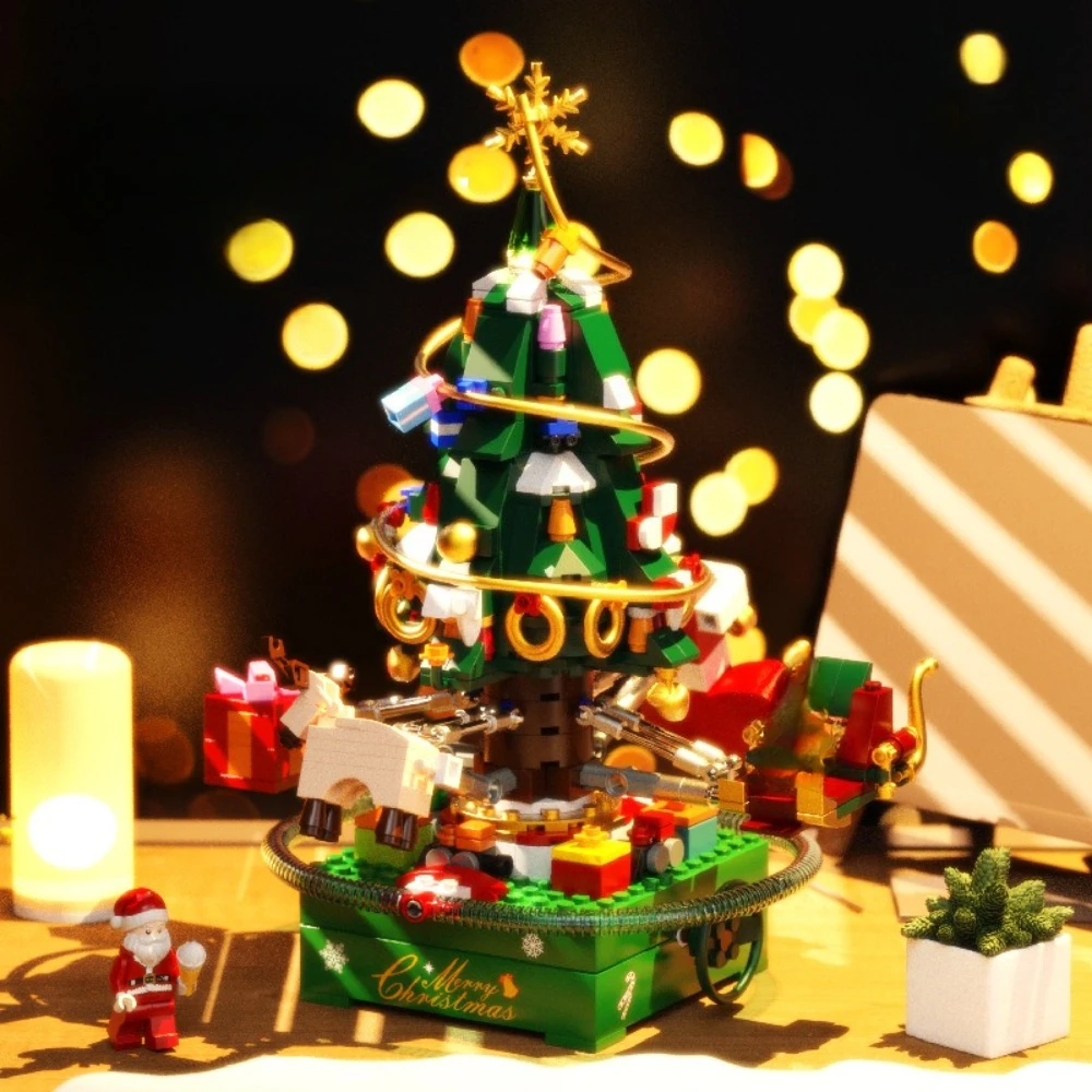 

MOC Rotating Christmas Tree House Lighting Music Box Building Blocks Set Festival Toys For Children Holiday Special Xmas Gifts