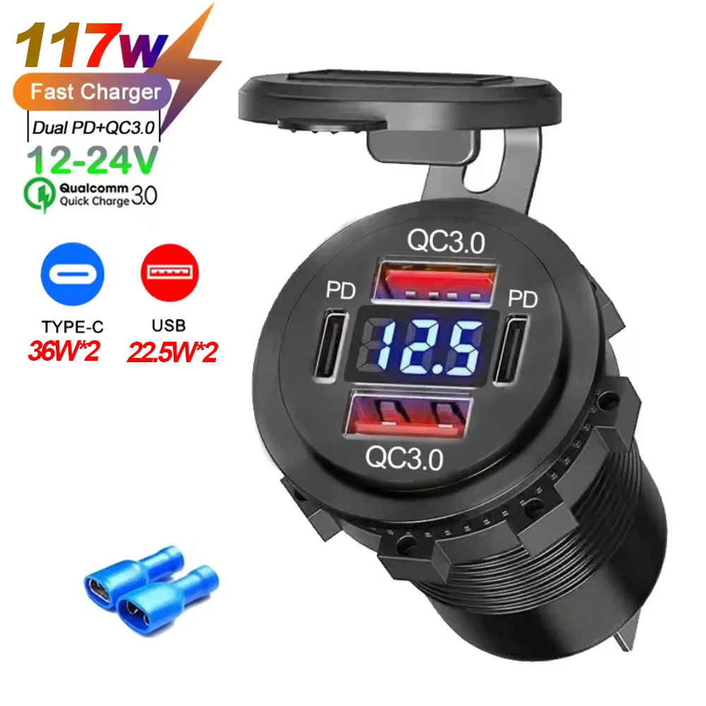 NEUE 117 W Dual PD Dual QC 3,0 USB Auto Ladegerät mit Voltmeter Buchse Steckdose Adapter Wasserdicht für 12 V/24 V Auto Boot Heißer Verkauf