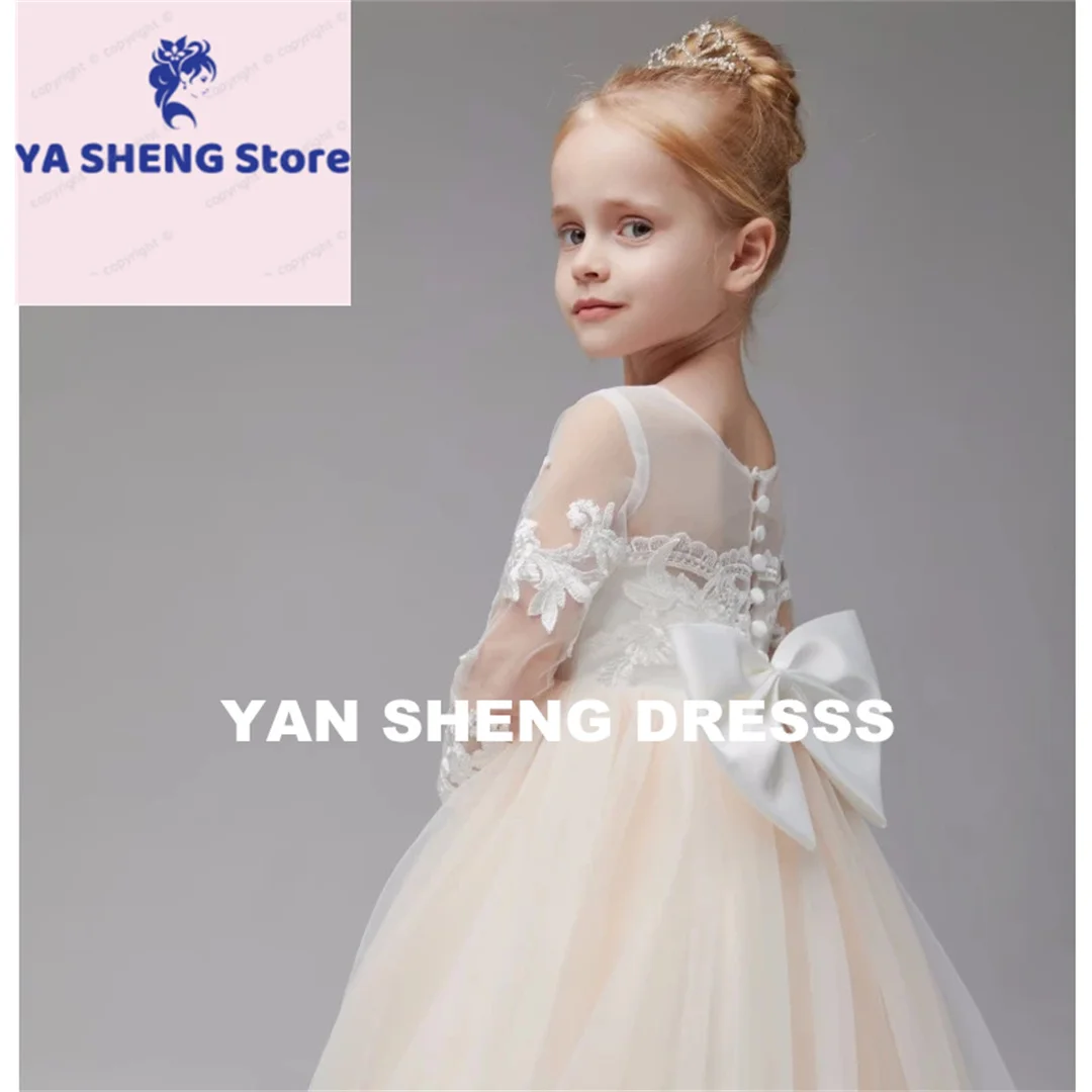 Sukienka dla Druhny na Wesele, Długi Rękaw, Szampańska Księżniczka, Tiulowa, Białe Aplikacje, Kokarda - Strój na Wesele, Urodziny