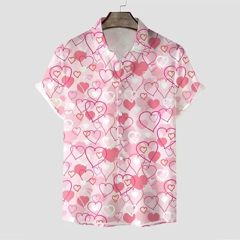 Heart Hawaii Valentine's 3D Print Short Sleeve Mens Fashion Shirts Summer Blouse Men's Clothing Y2K Camisas Casuais Flower Male