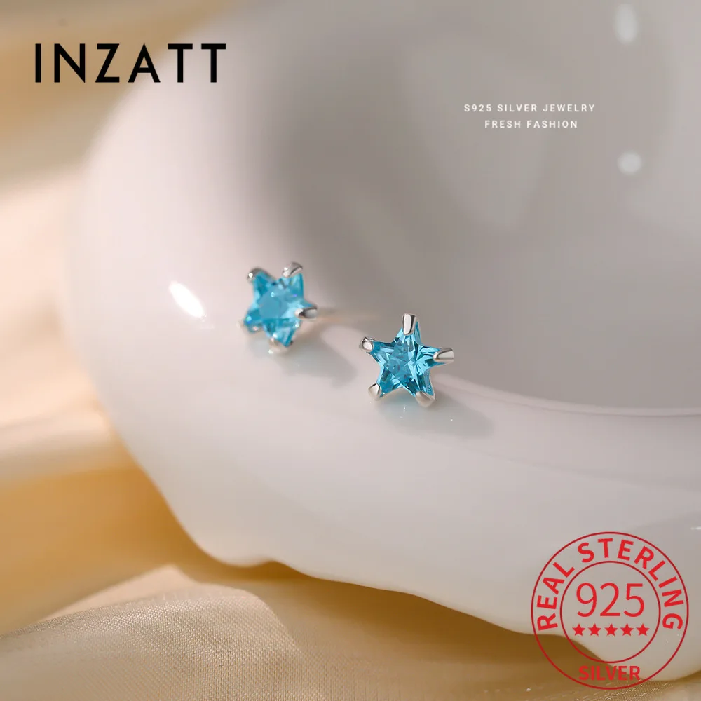

INZATT Real 925 Sterling Silver Blue Zircon Star Mini Stud Earrings for Women Party Cute Fine Jewelry Light Luxury Accessories