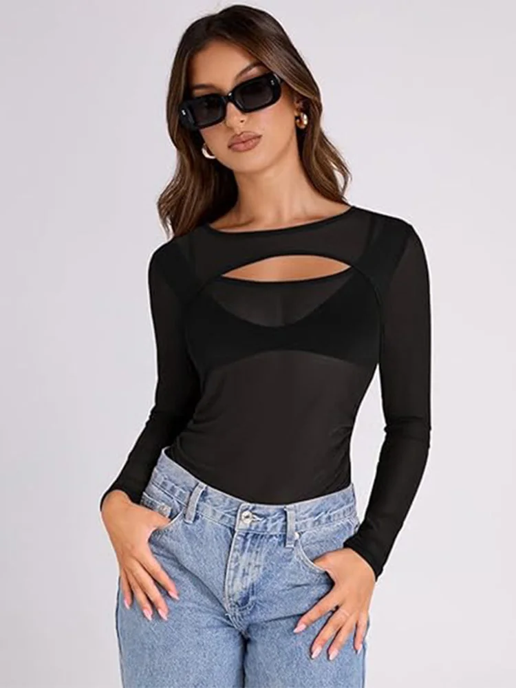 Solid Color Mesh Sheer Women T Shirt Long Sleeve Pullover Sexy Summer Spring Tops Hollow Out Streetwear Women's Clothi