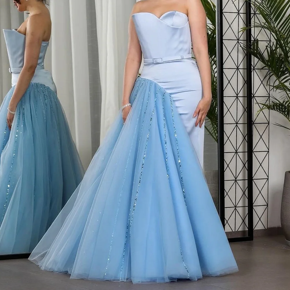 Sleeveless Strapless Tulle Floor Length A-Line Evening Dress Sequined and Sashes Zipper Back Exquisite Photo Color Delicate