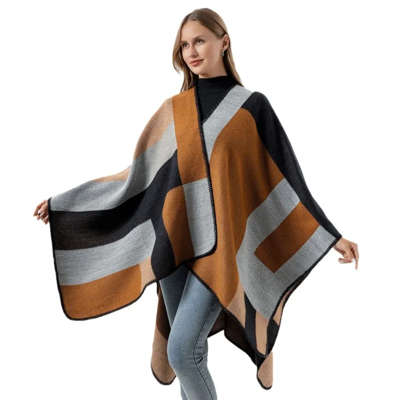 Gradient Colors Shawl Capes Printed Plaid Cardigan Loose Poncho Blanket Women Faux Cashmere Cloak Big Pendulum Out Streetwear