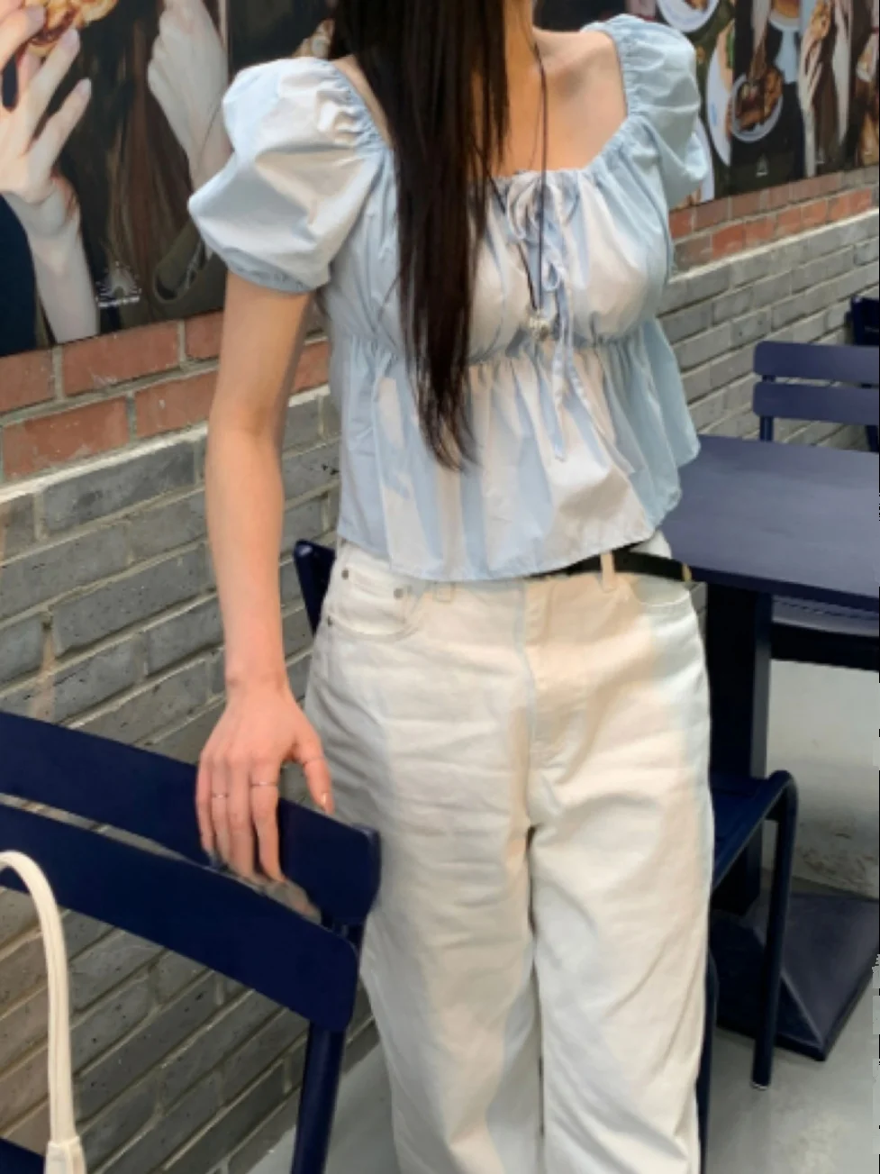 Coreano Sle ort Sve irt mujer oxígeno azul burbuja Sve Tie Ne Commute viento corte recto verano irt para damas