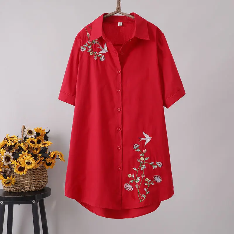 

Fashion Lapel Button Spliced Embroidery Shirts Women Clothing 2025 Summer New Loose Short Sleeve Commuter Tops All-match Blouses