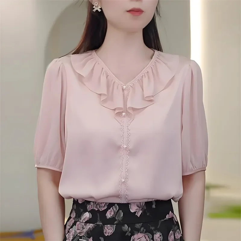 

Женская розовая блузка из шифона с V-образным вырезом, рюшами, кружевной отделкой, пышными рукавами и жемчужными пуговицами