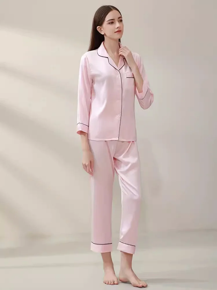 100% Mulberry Silk Pink Women's Pajamas Sets Spring Summer Solid Color Female Pjs Homewear Nature Silk Home Clothes Nightwear