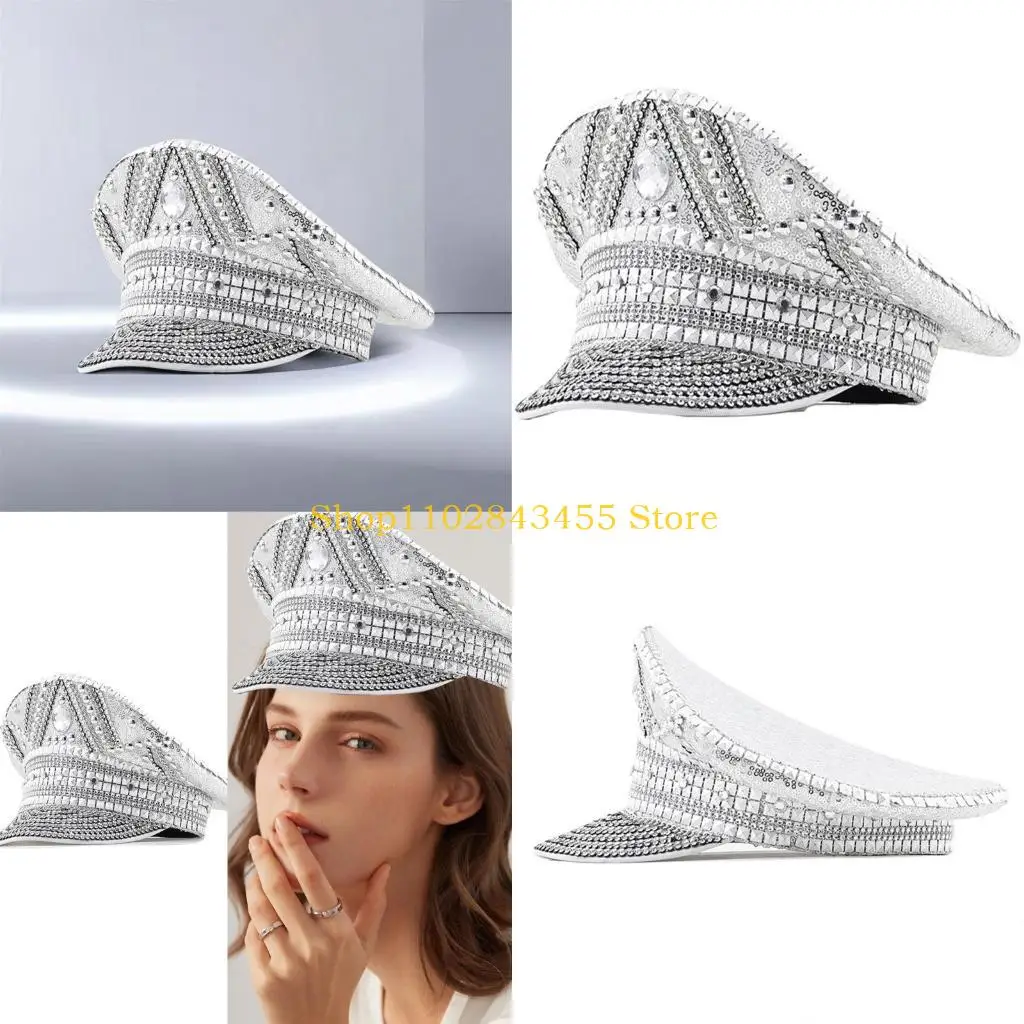 

49MC Fashion Hat with Rhinestones Bridal Shower Hat Bachelorette Party Hat Night Club Captain Hat Women Headdress