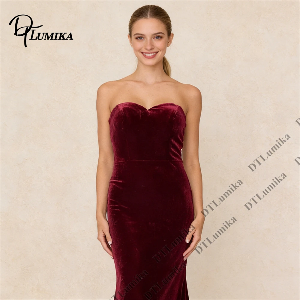 DTLumika Classy Burgundy Velvet Evening Dress for Women 2026 Strapless Mermaid Long Prom Party Gown Customized Color & Size
