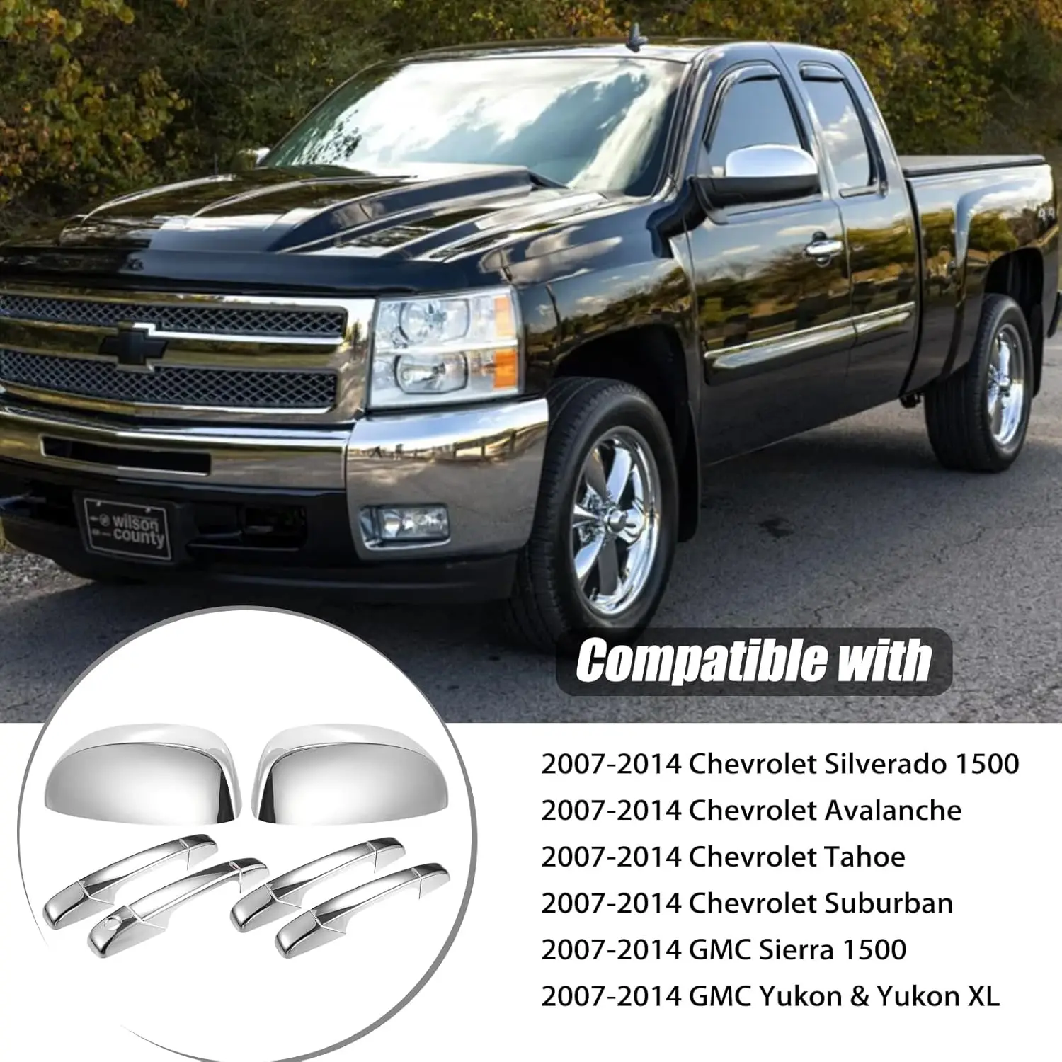 

Triple Chrome Plated TOP HALF Mirror Cover Cap + Handle Cover Overlays Fit for 2007-2014 Chevy Silverado Tahoe GMC Sierra Yukon