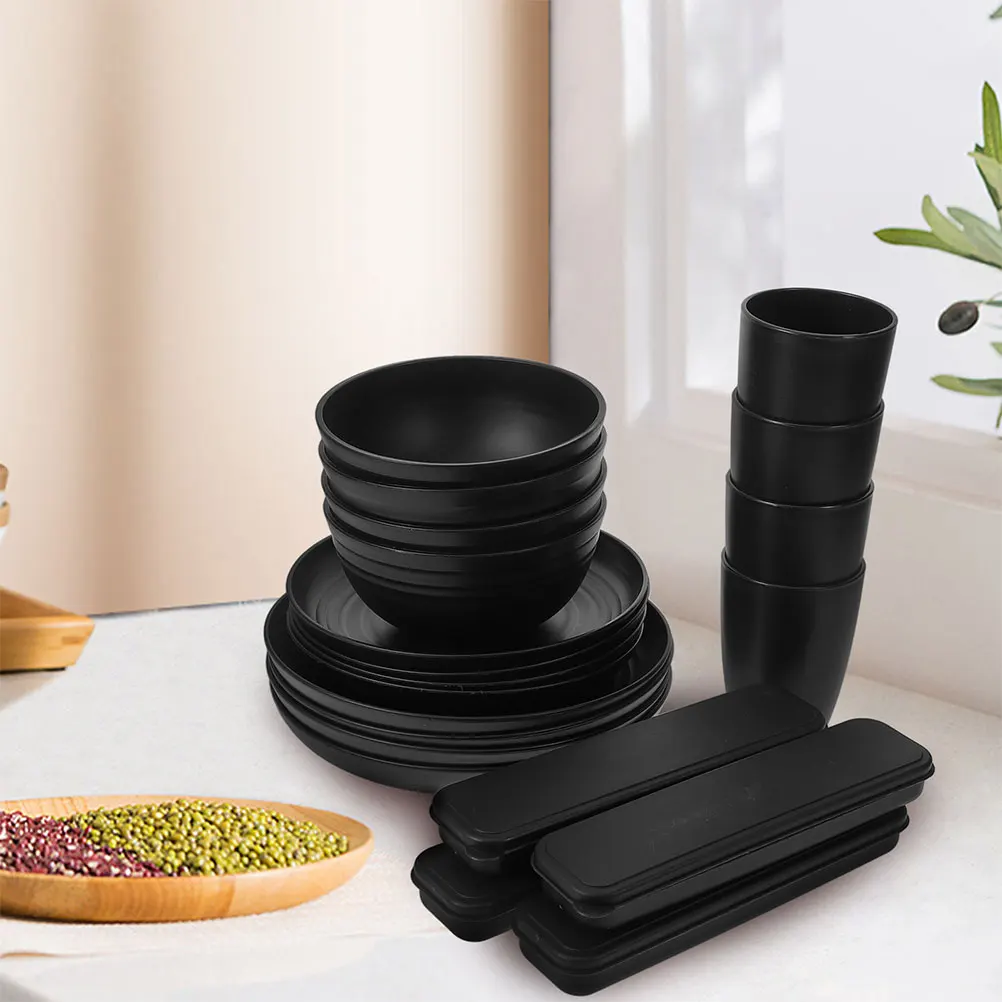 

4 set Black Dinnerware Set Tableware For Picnic Camping Travel Stainless Steel Cutlery Set Plates Bowls