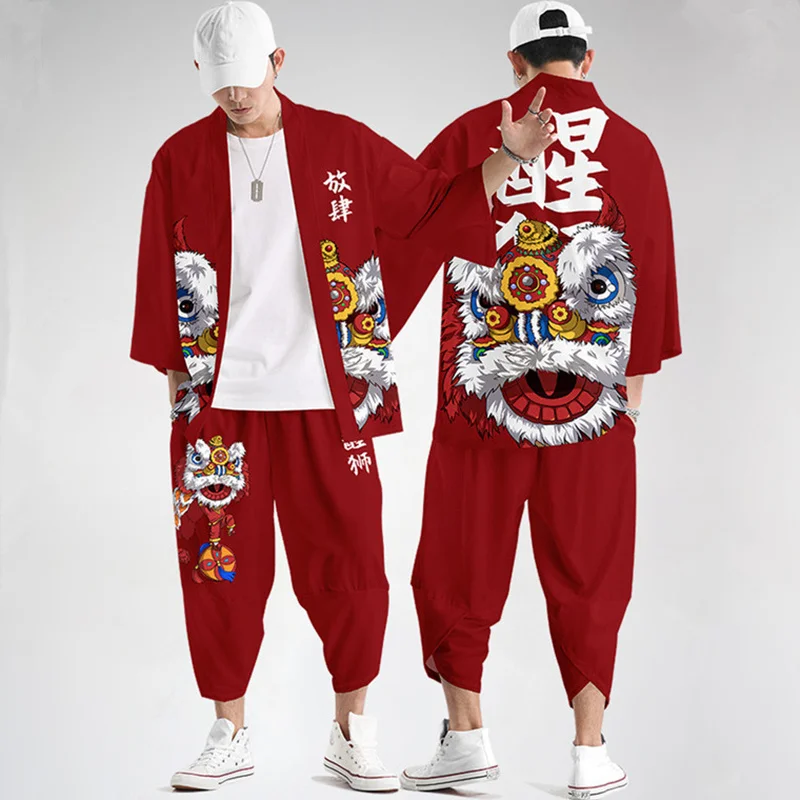 

Two-piece Suit Oversize XXS-6XL Japanese Style Fashion Kimono And Pants Set Men Cardigan Blouse Haori Obi Asian Clothes