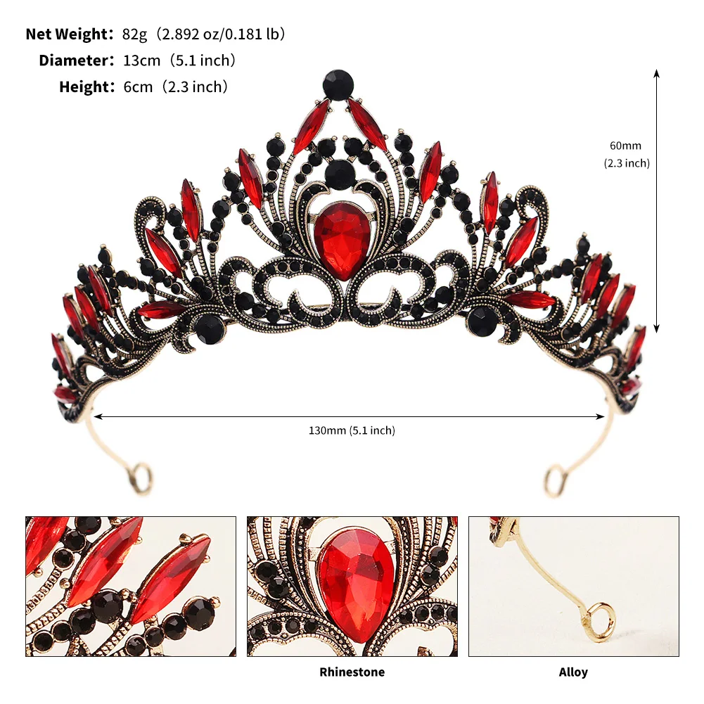 Halloween Vintage Prinzessin Königin Dunkle Krone Kopfbedeckung Kristall Tiara Für Frauen Rote Krone Haar Kleid Zubehör Schmuck – Detail 20