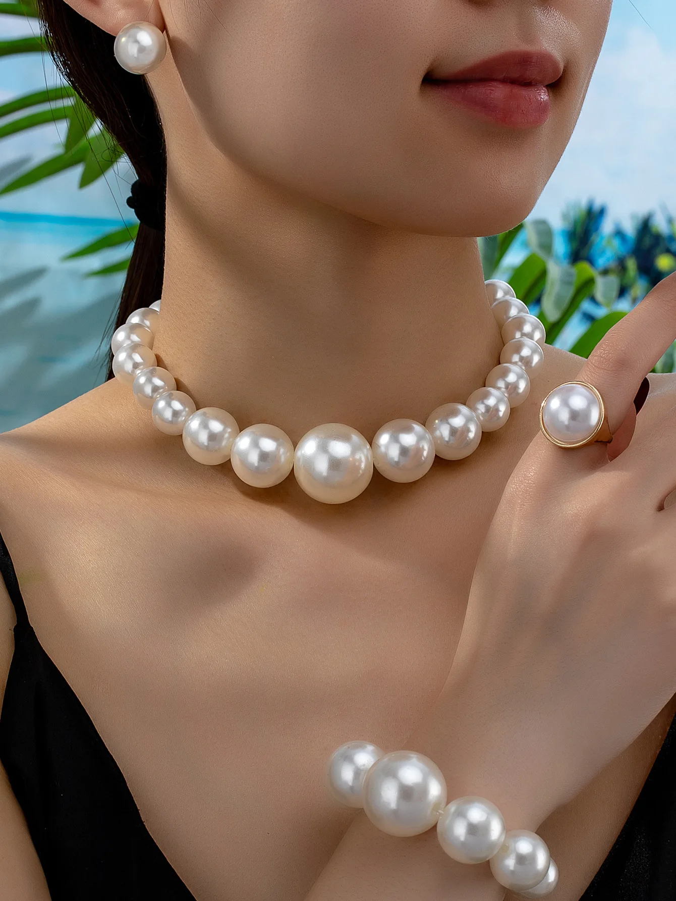 4PCS Jewelry Set New Trendy Pearl Necklace Bracelet Ring for Women Elegant Stud Earring Vacation Fashionable Party Accessories