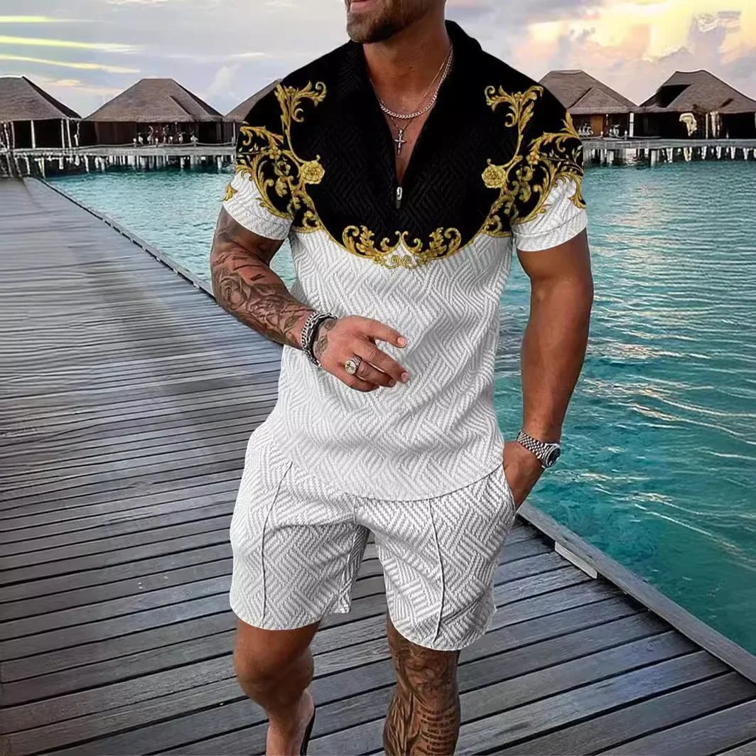 

Men Shorts Pant Set Two Piece Sets Print Turn Down Collar Zipper Polo Shirt Tops Short Pants Elastic Waist Casual Loose New