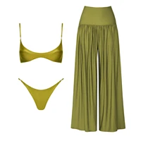 Bandeau 3Pcs Biquini Sexy Bikini Women Swimsuit Push Up Swimwear Female Strappy Bathing Suits Green Bodysuit Beachwear Swim Suit 3