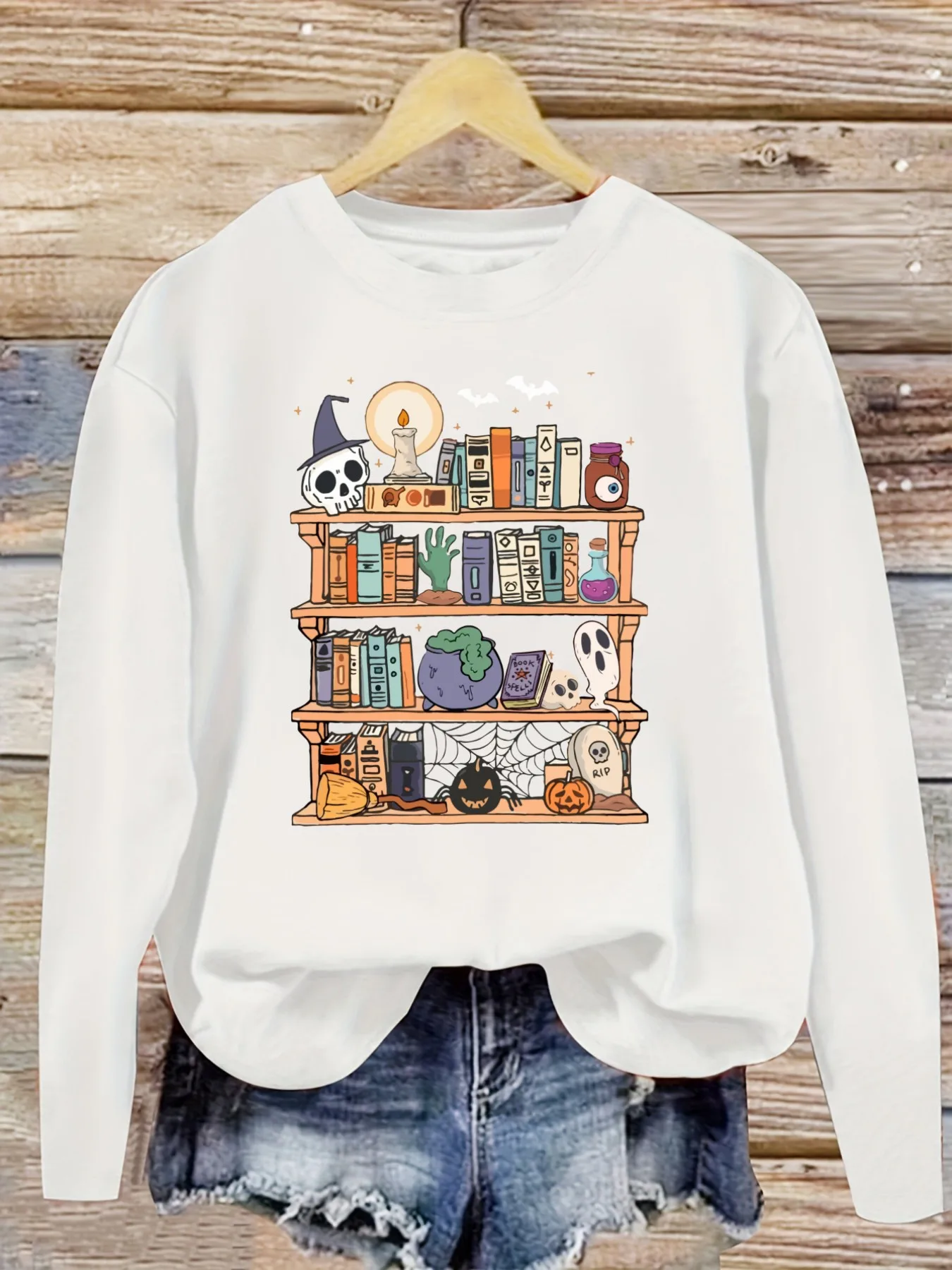 Women's Casual Long Sleeve Crew Neck T-Shirt Halloween Bookshelf With Skull Books Design, Round Neck Women's Clothing, Machine Washable, Slightly Elastic, Loose Fit, Spring Autumn Winter Women's T-Shirt, Halloween Costume Outfit view 5
