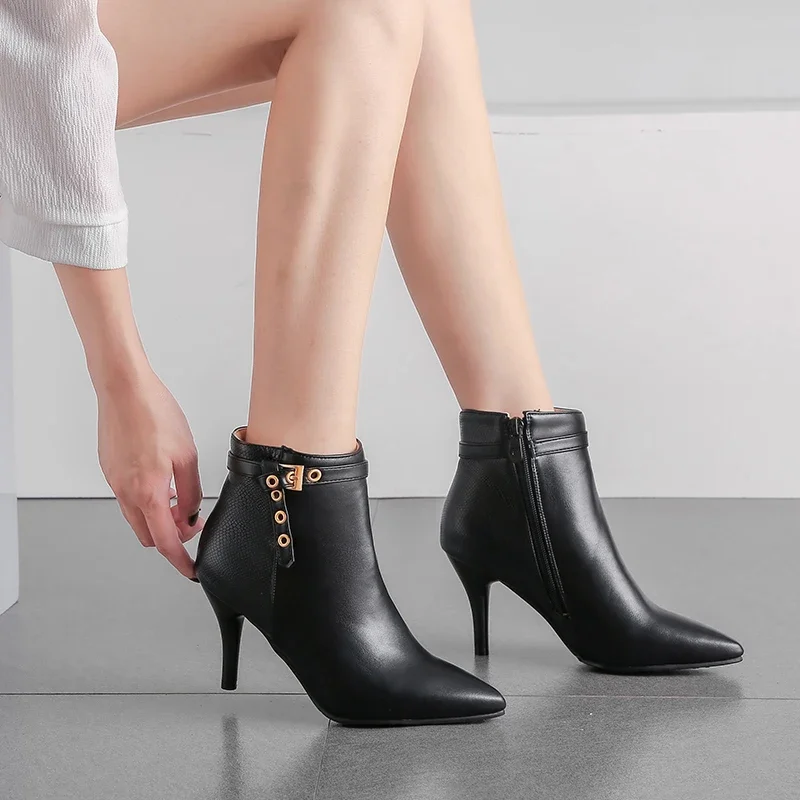ZawsThia 2022 winter PU leather pointed toe sexy snakeskin print woman shoes high heeled ankle boots for women stilettos boots image 3