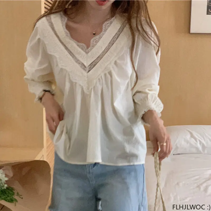 Semi-Transparent White Lace Baby Design Shirts New 2023 Women Cute Sweet Japan Girls Chic Korea V Neck Cotton Blends Retro Tops