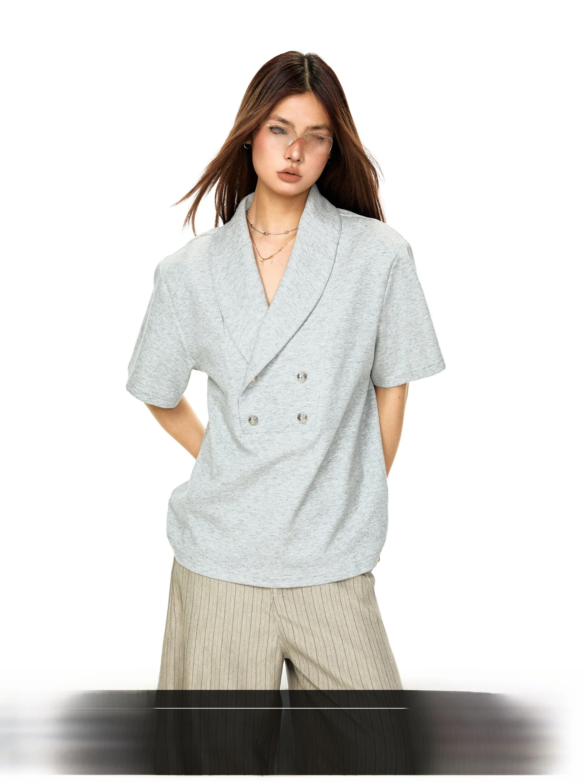 Blackbb American Retro Suit Collar Button Splicing Short Sleeve T Shirt Summer Loose High End Design Sense Top Women's Fashion