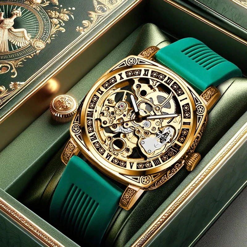 A High-end MEN'S Gold Carved Hollow Fashionable Retro Luminous Business and Leisure Fully Automatic Mechanical Watch