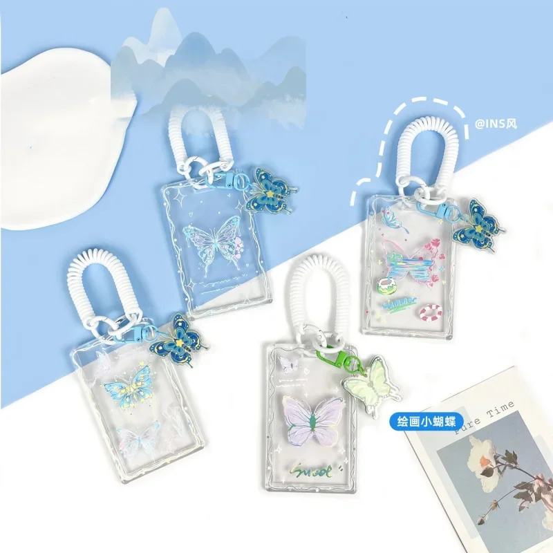 Estuche para tarjetas transparente acrílico con mariposa de dibujos animados, tarjetero para fotos de ídolo Kpop de 3 pulgadas con llavero, Mini marco de fotos de moda