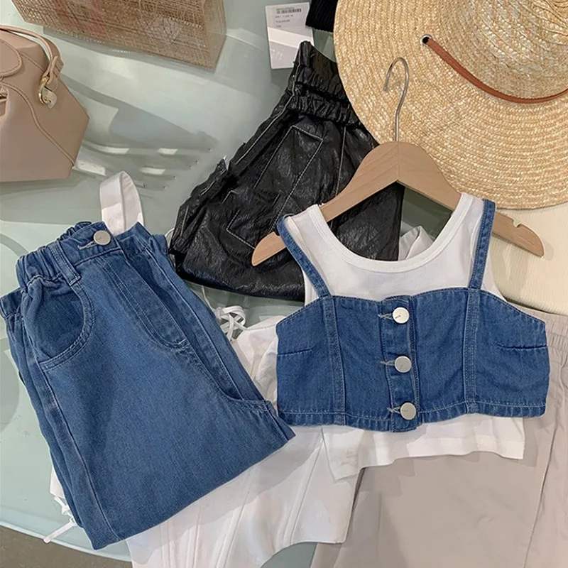 Kids Clothing Girls 2 Pieces Sets Suspender Pants Sleeveless Jeans Wide Leg Solid Color Button 2023 Summer New Fashion Cute