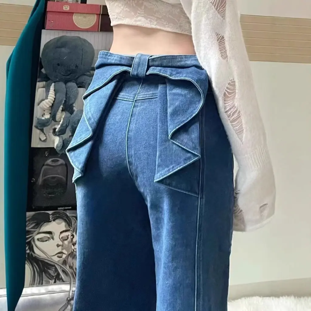 

Women's Small American Style Retro Stitching Bow Straight Jeans High Waist Loose Slimming Trousers for Summer