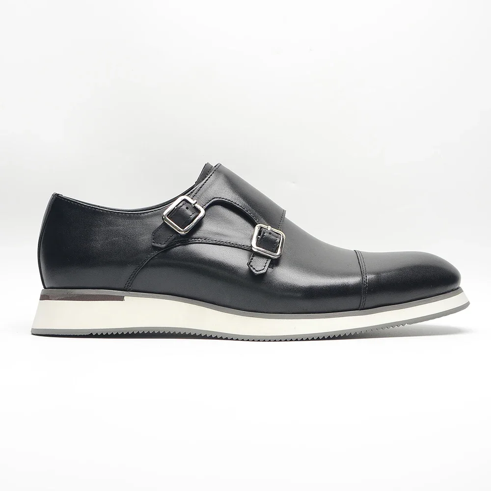 2025 Luxury Designer Classic Men\'s Black Double Buckle Monk Shoes Real Leather Casual Hasp Man Sneakers Daily Business Footwear