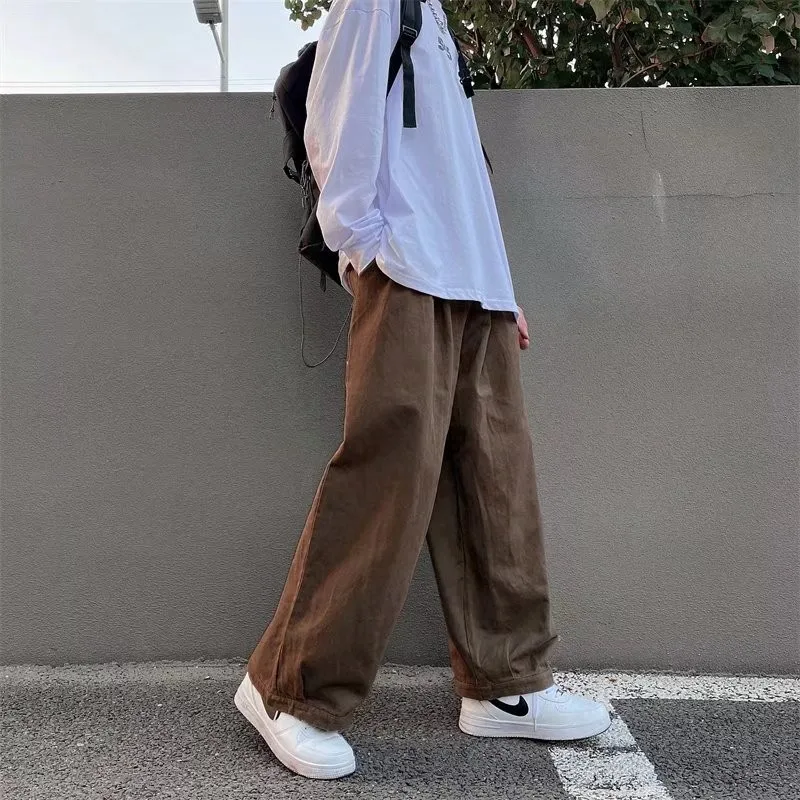 

Мужские свободные брюки с широкими штанинами, рабочая одежда, прямые, с заниженной линией талии, повседневные длинные брюки, японский стиль, уличная мода, бренд