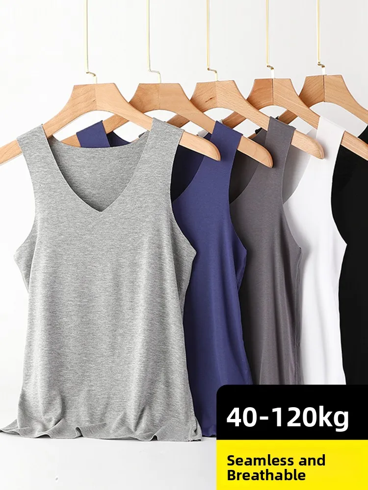 Men's Modal Seamless Vest Large Size V-neck Sleeveless Thin Breathable Underwear Base Shirt Simple Style Summer Top