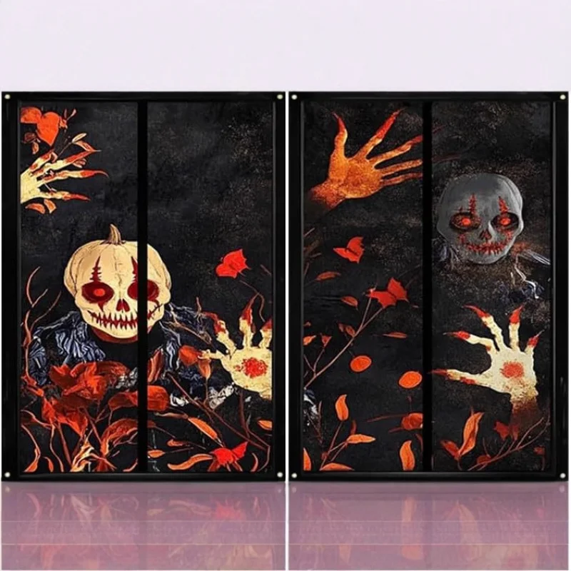 

【2 Pcs Halloween Door Curtain】Ghost Themed Scary Window HangingCloth for Outdoor Decor, Spooky BackgroundCloth for Party, Haunte