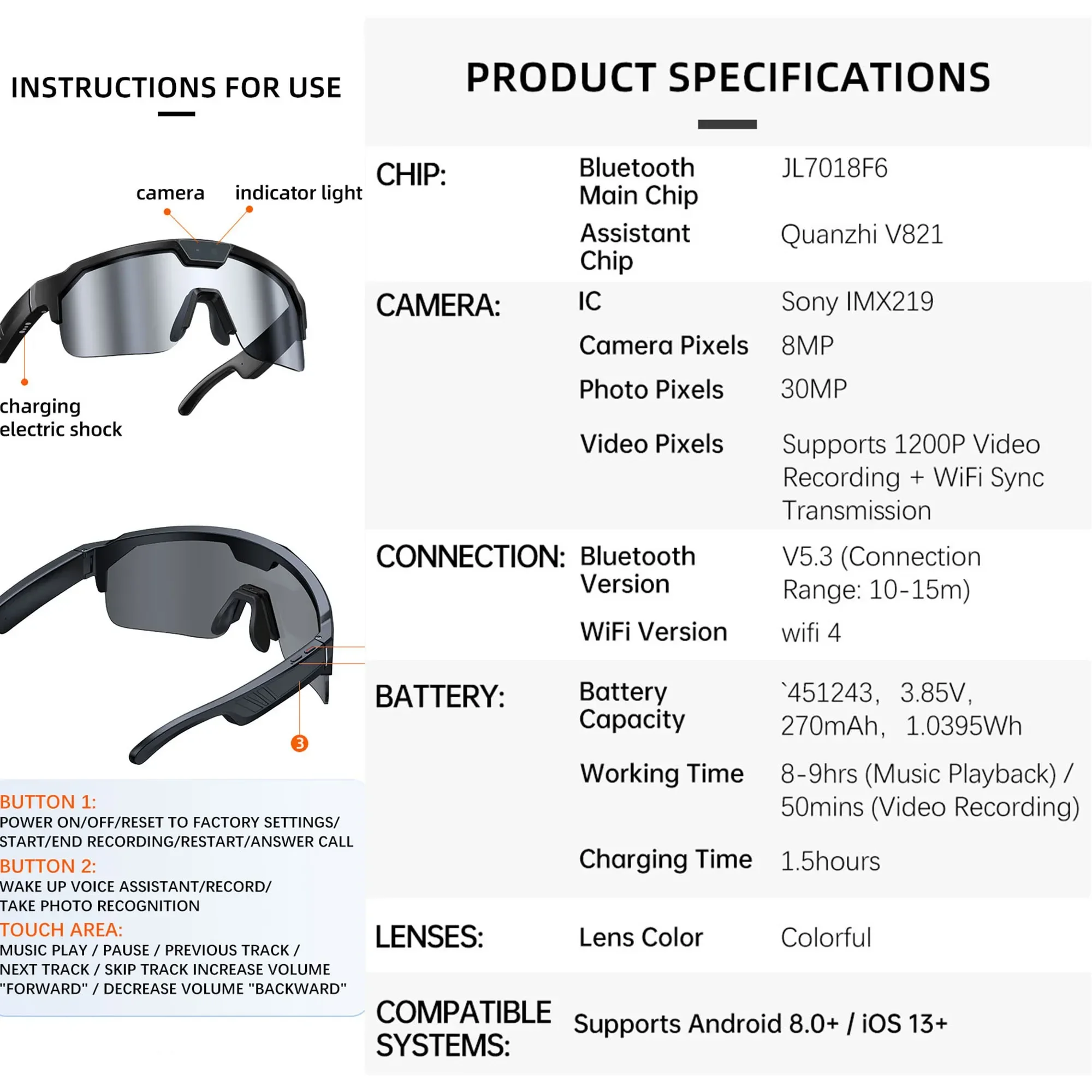 Smart Cycling Glasses with Panoramic View AI Assistant 800W Photo Pixel Dual Anti-shake Camera AI Translation & Bluetooth Call F