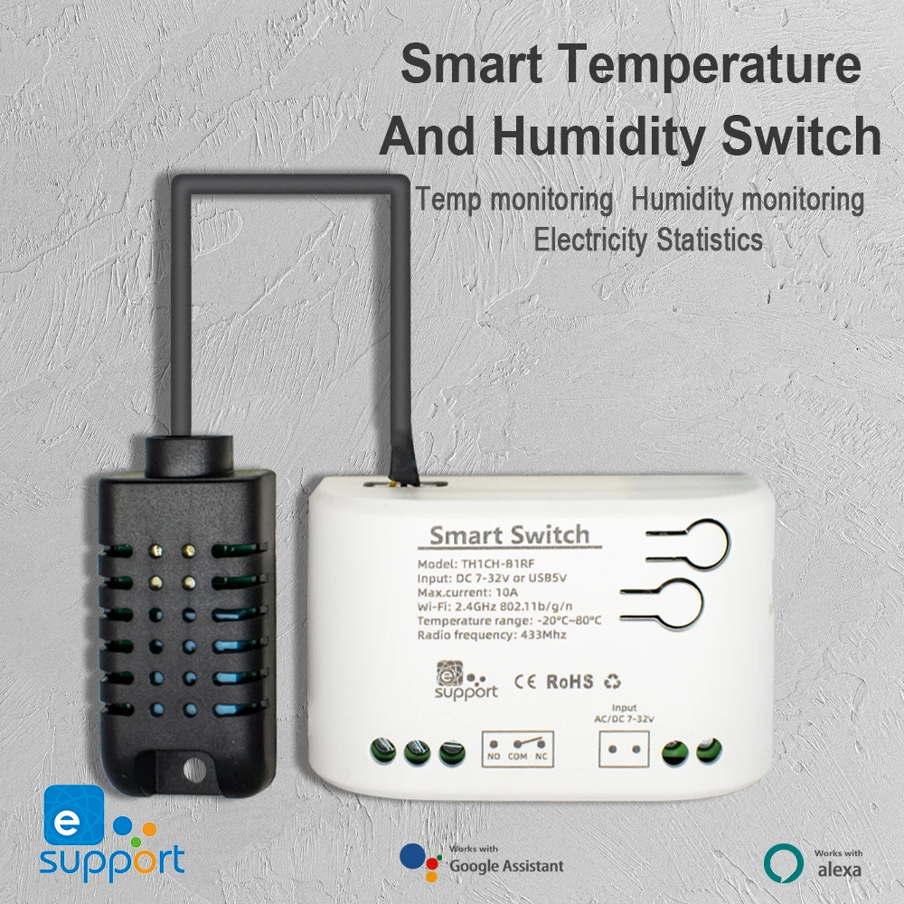 Smart WiFi 1 Channel Relay With Temperature Humidity Sensor Passive Dry Contact Switch RF433 Compatible Alexa Alice Ewelink APP