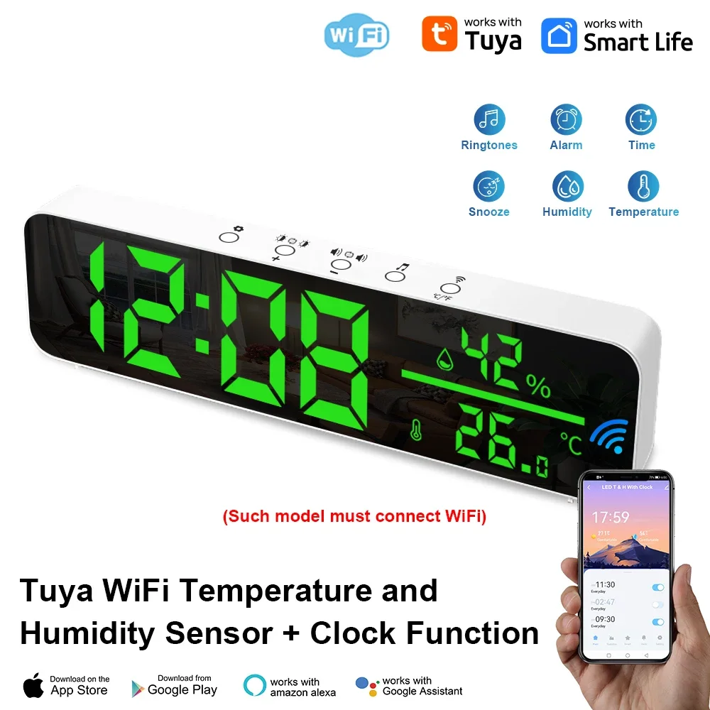 Smart Alarm Clock With Temp Humidity Sensor Tuya Wifi Led Display Usb Desktop Clock For Elderly Students, Home Bedroom