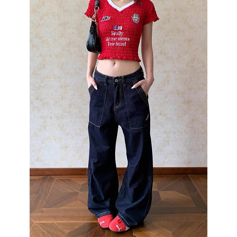 

Y2k Women's Black Gothic Boyfriend Jeans Japanese 2000s Style Wide Leg Jean Pants Vintage Harajuku Baggy Grunge Denim Trousers