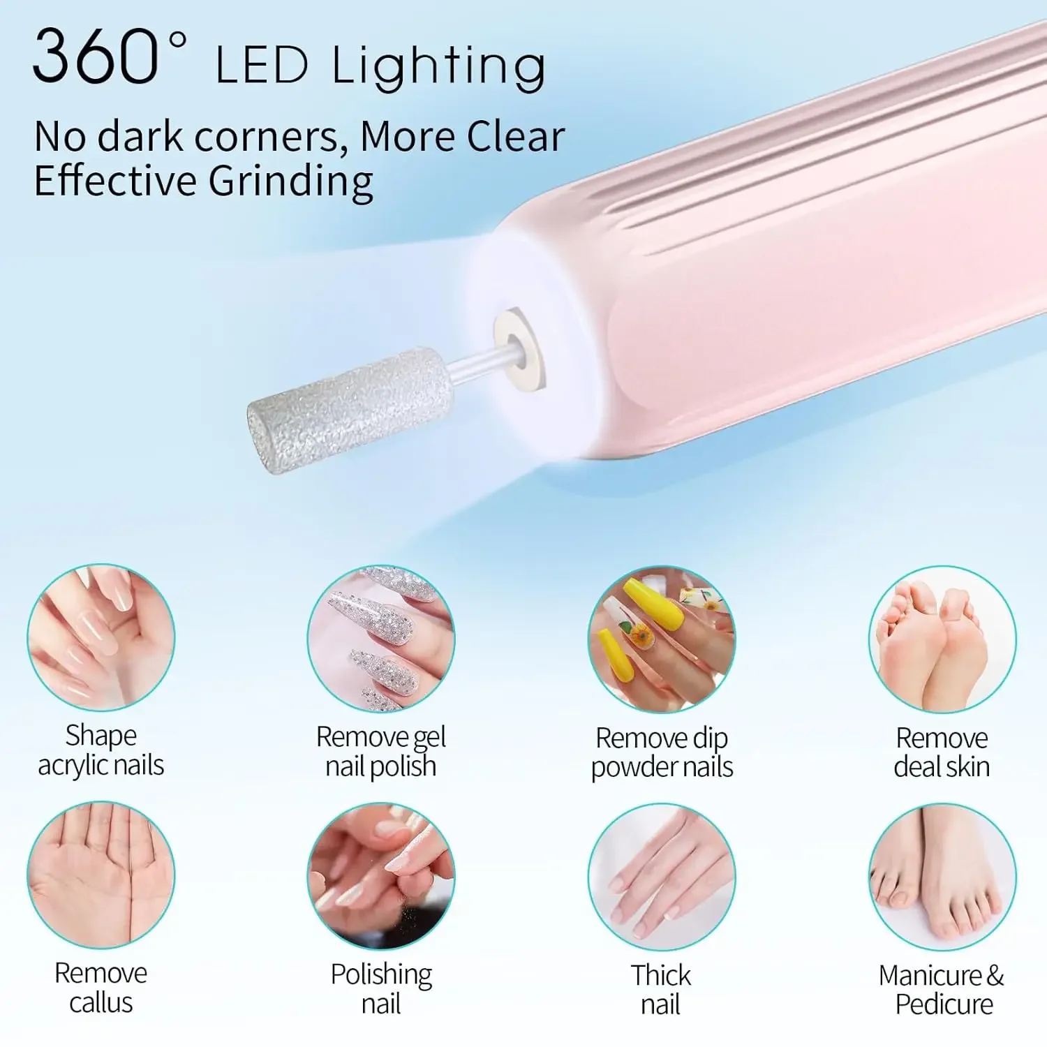 초보자를 위한 전기 네일 드릴 기계, 가정용 충전식 가변 속도 네일 그라인더 및 네일 드릴 비트