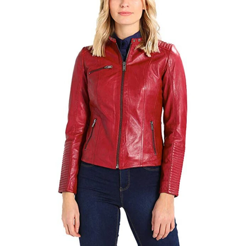 Premium Women Red Authentic NAPA 100% Leather Jacket Motorcycle Casual Wear Coat