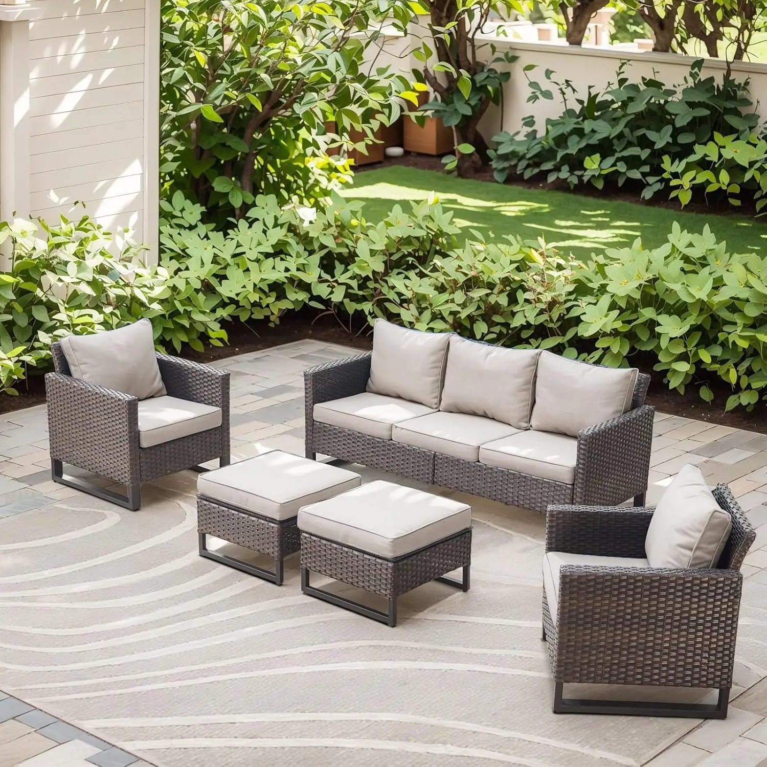 

Luxury Wicker Outdoor Patio Furniture Set of 5-5 Piece Patio Conversation Set with Ottoman*2, Wicker Chairs*2,, Customized