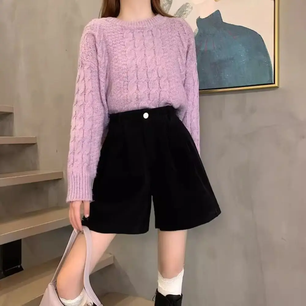 Soft High Waist Women Corduroy Shorts Elastic Stripe Wide Leg Short Pants Large Size Two Pockets Loose Streetwear Daily