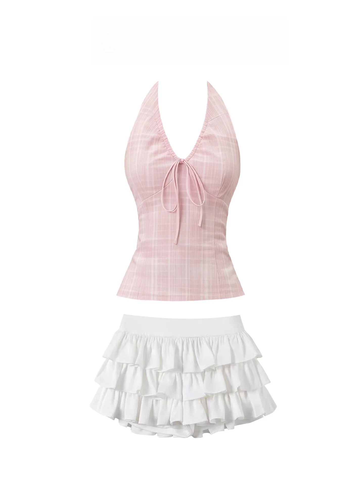

Dopamine Sweet Girl Pink Neck Hanging Strap Top And Short Skirt Set Women's Early Summer Fashion Sweet Style Two-Piece Suit