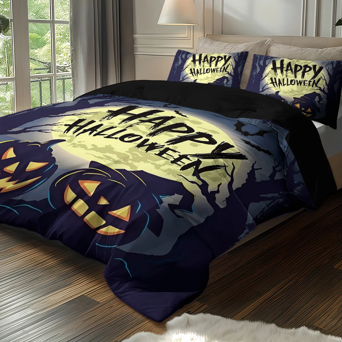 Bettwäsche-Set mit Halloween-Motiv, 3D-gedrucktes Bettbezug-Set, hautfreundlich, für Einzelbett, Doppelbett, Halloween-Dekor, Bettbezug-Set – Detail 8