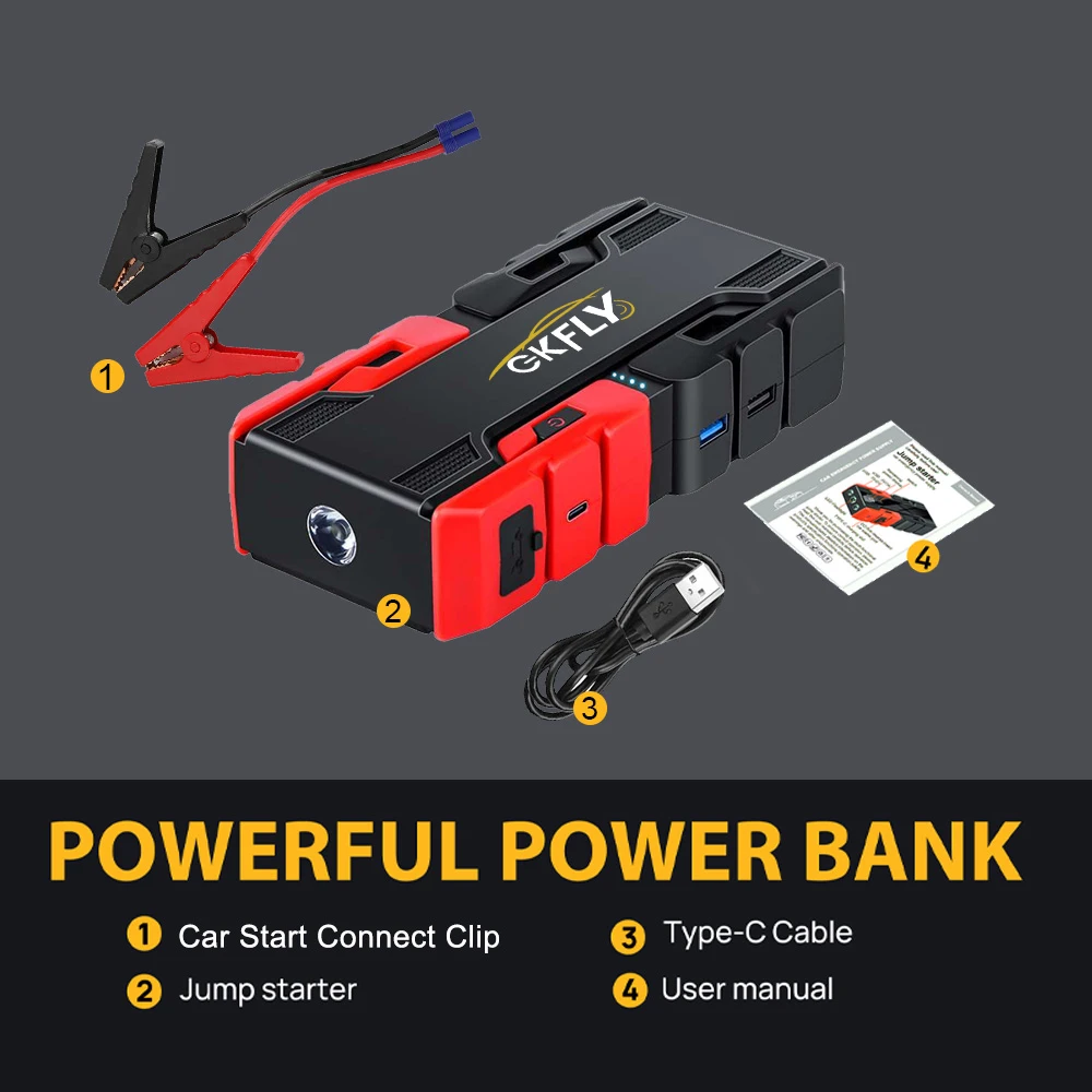 GKFLY Car Jump Starter 2000A/3000A Peak Power Bank 12V Car Booster Auto Emergency Starting Device Jump Start for Petrol Diesel