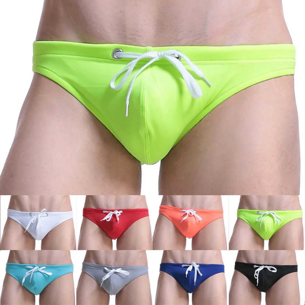 Cintura Baixa Masculina Cueca de Natação, Swimwear com Cordão, Troncos De Biquíni, Maiô Sólido, Fatos De Banho Secagem Rápida