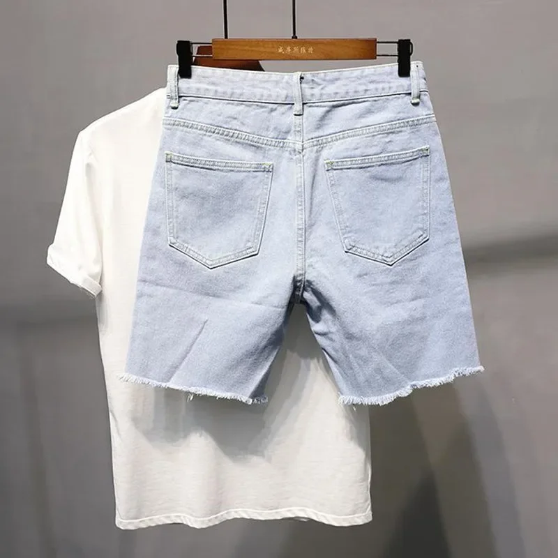 

Straight Shorts Men Mid Waist Raw Edge Solid Summer Loose Sporty Handsome Stylish Korean Style Streetwear Harajuku Basics 2023