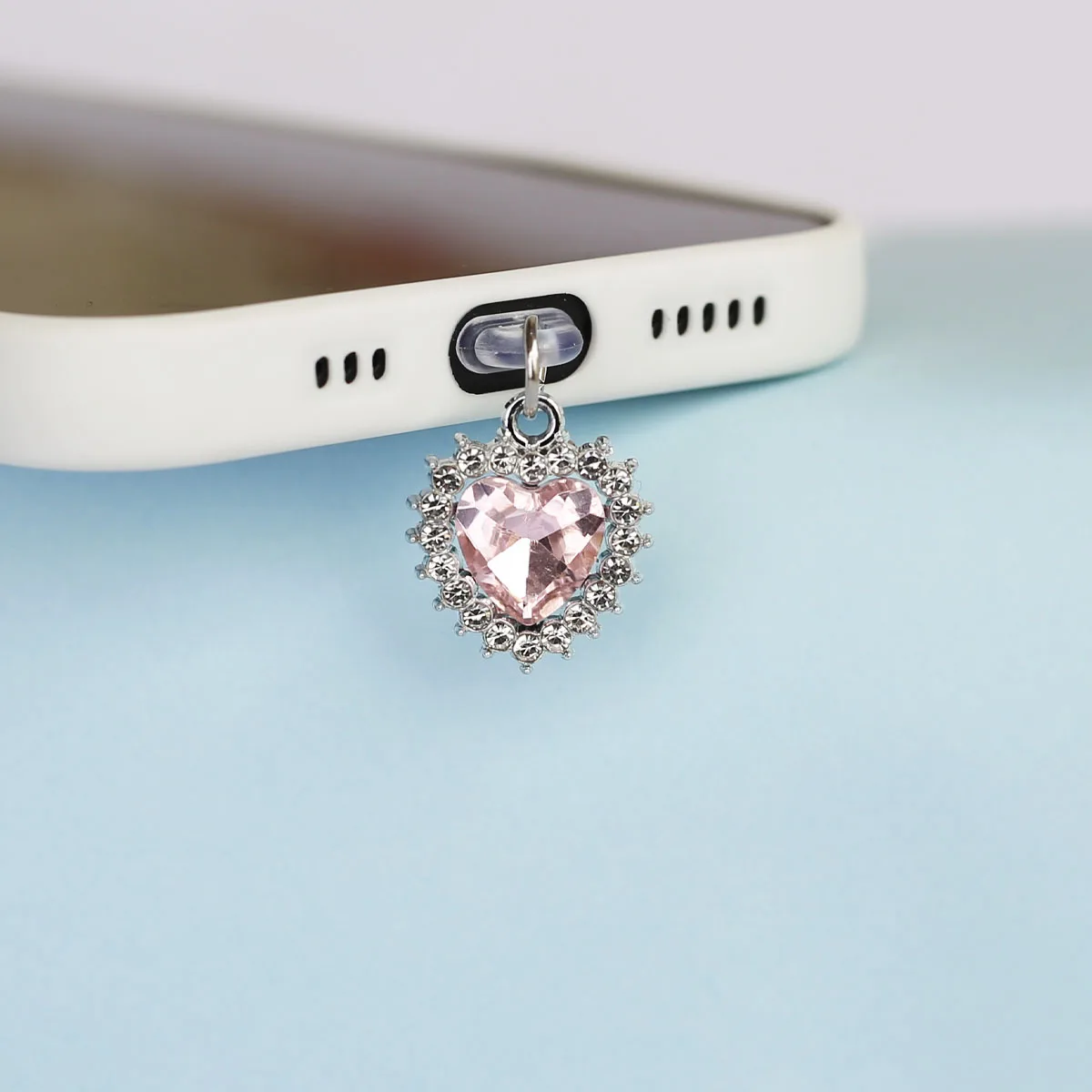 Accessorio pendente con tappo antipolvere per telefono cellulare Decorazione Bordo con strass Pietra preziosa d'amore a forma di cuore multicolore per Iphone Type-c