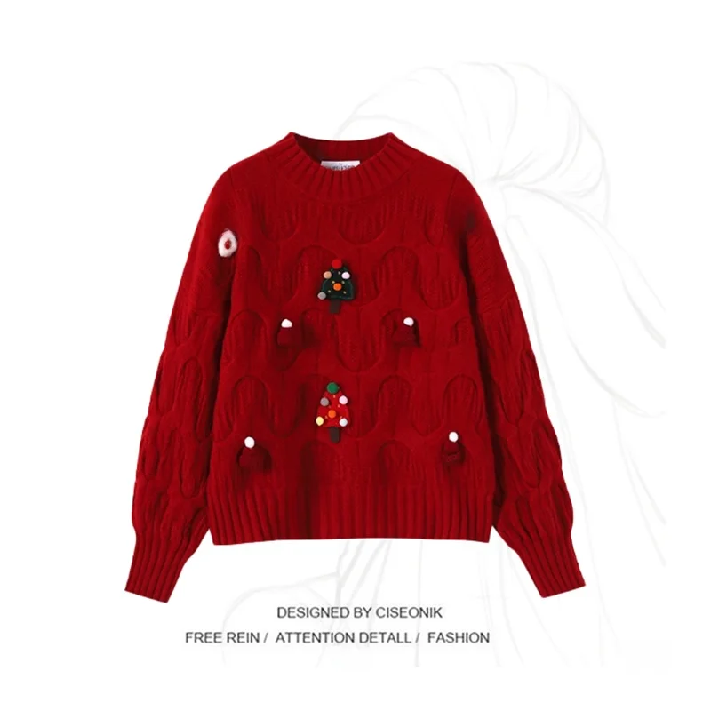 

Red Loose Knitted Sweater Faionable New Year Women's Top Sweet Sle Long Sve round Ne Casual Outerwear for Autumn Winter